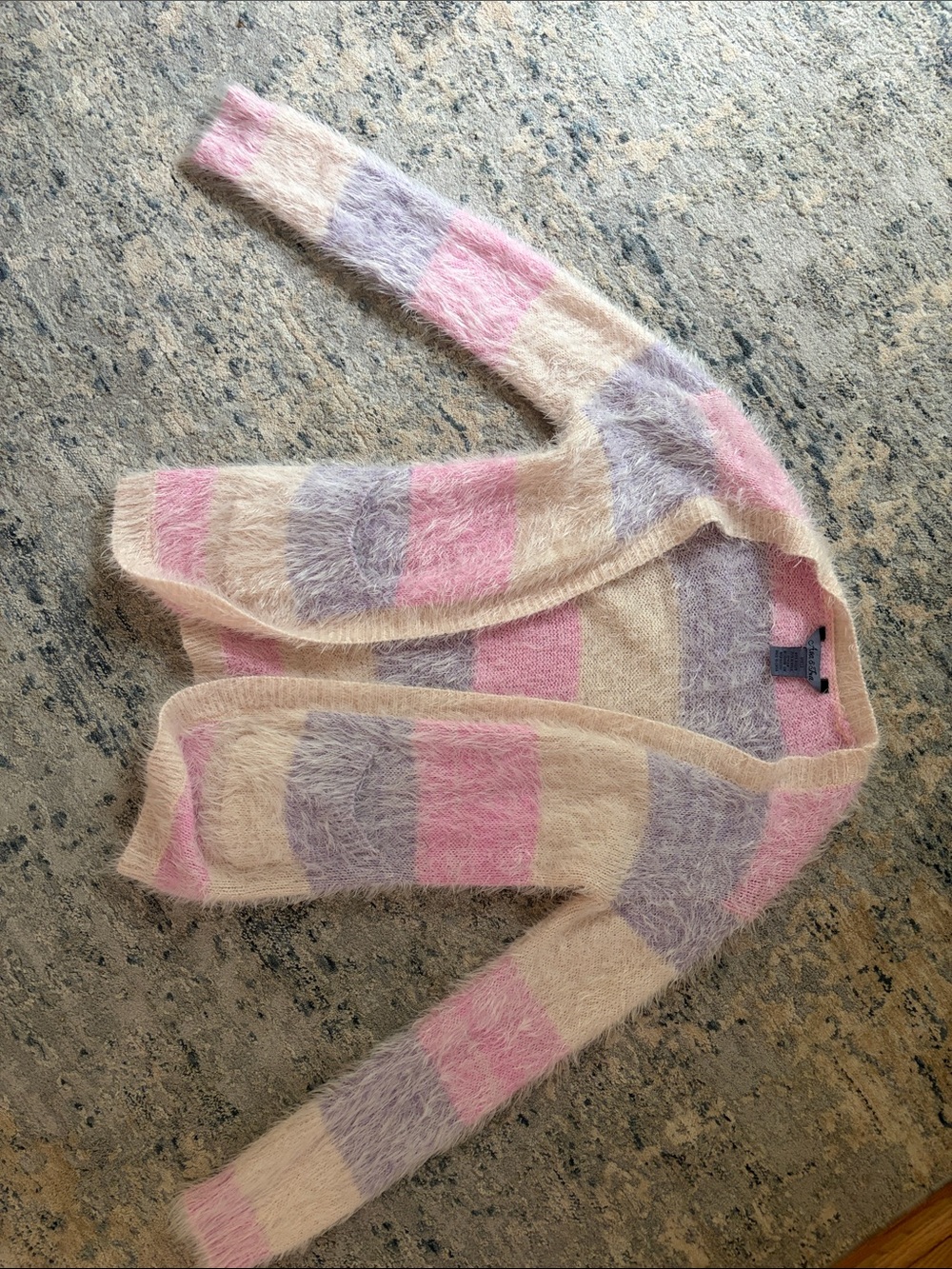 Ava & Viv Fuzzy Striped Open Cardigan in Pink, Lavender & Cream